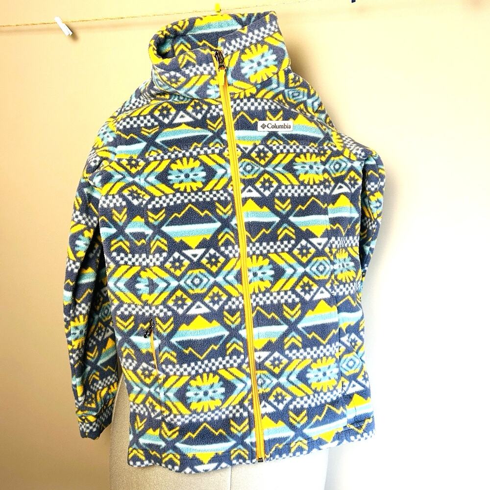 Columbia Fleece Jacket Full Zip Geometric Aztec Pattern Blue Yellow Kids Sz M